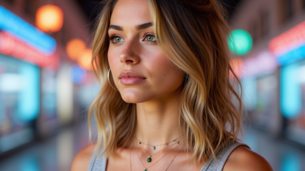 hero-homepage Young woman with long wavy hair standing in a futuristic corridor with glowing neon billboards.